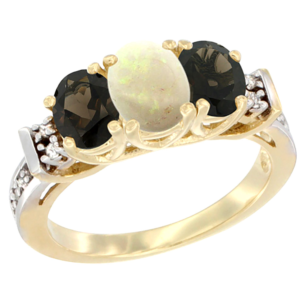 14K Yellow Gold Natural Opal &amp; Smoky Topaz Ring 3-Stone Oval Diamond Accent