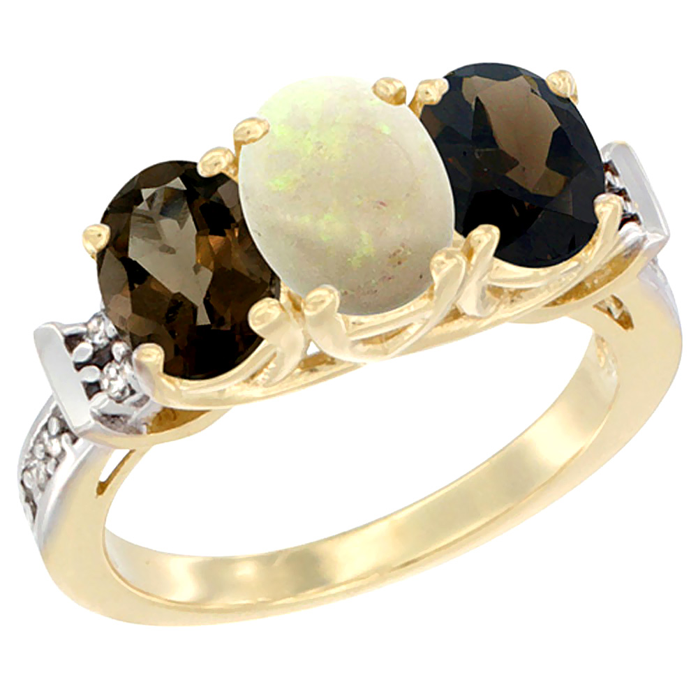 14K Yellow Gold Natural Opal &amp; Smoky Topaz Sides Ring 3-Stone Oval Diamond Accent, sizes 5 - 10