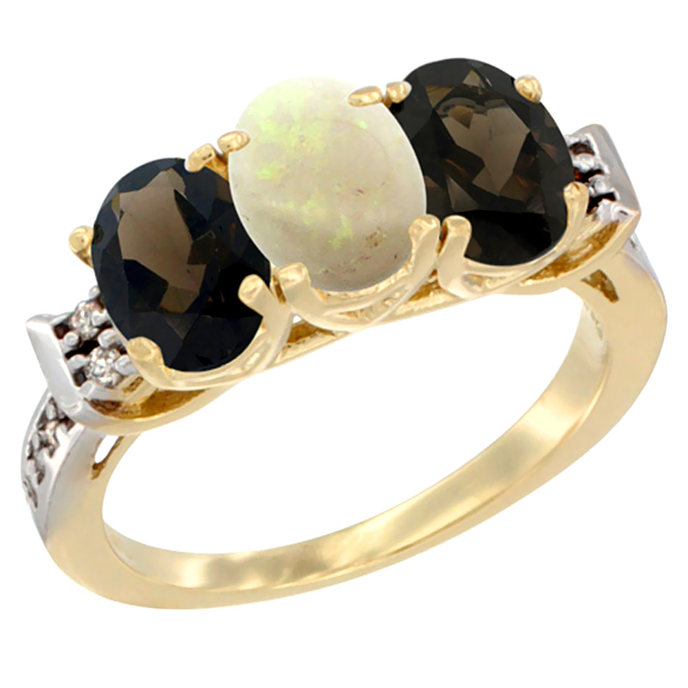 14K Yellow Gold Natural Opal &amp; Smoky Topaz Sides Ring 3-Stone Oval 7x5 mm Diamond Accent, sizes 5 - 10