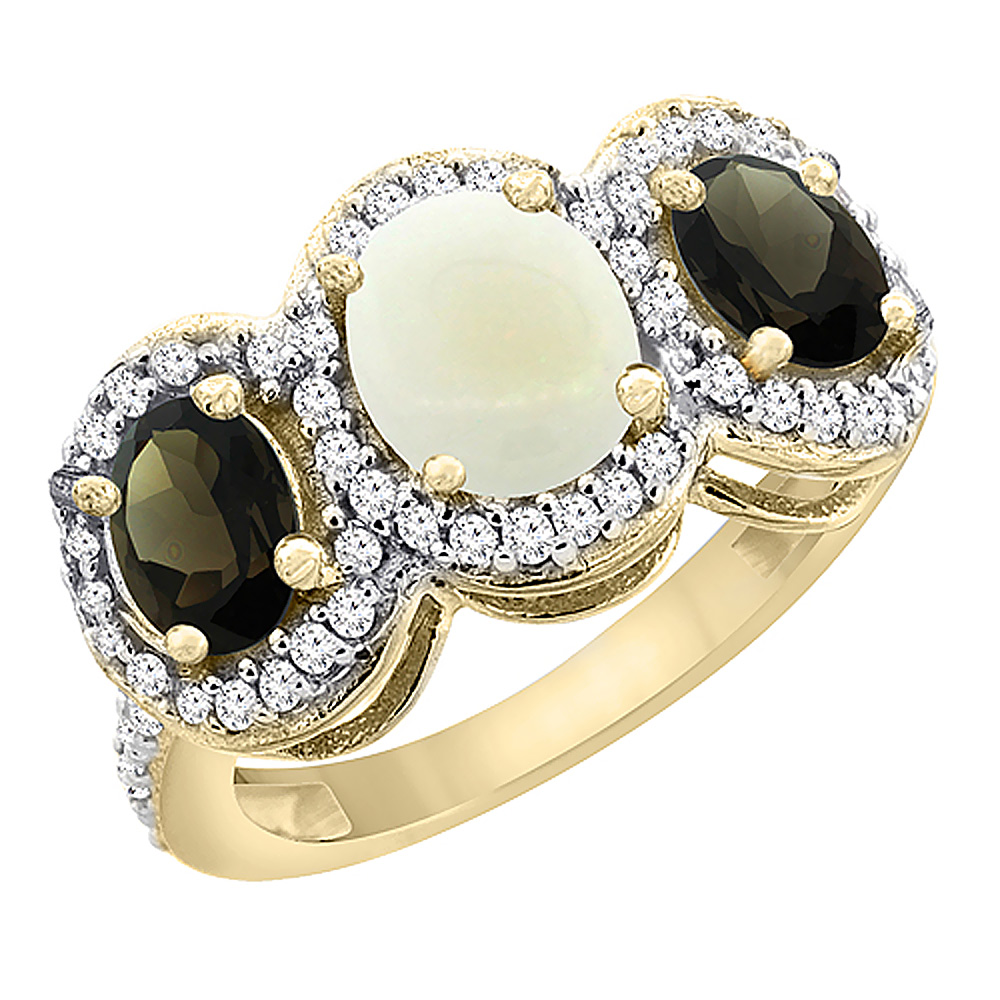10K Yellow Gold Natural Opal & Smoky Topaz 3-Stone Ring Oval Diamond Accent, sizes 5 - 10