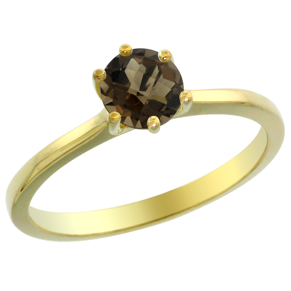 14K Yellow Gold Natural Smoky Topaz Solitaire Ring Round 6mm, sizes 5 - 10