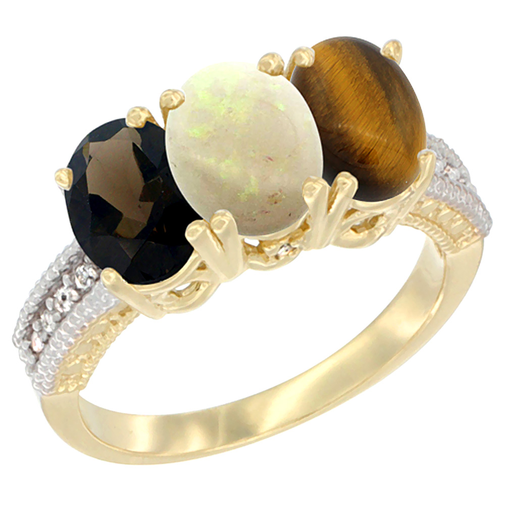 14K Yellow Gold Natural Smoky Topaz, Opal &amp; Tiger Eye Ring 3-Stone 7x5 mm Oval Diamond Accent, sizes 5 - 10