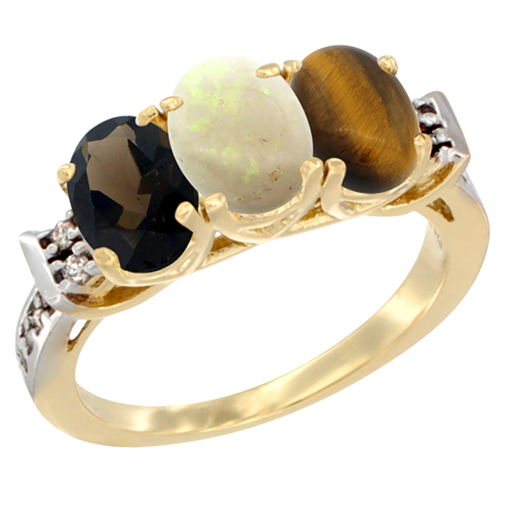 10K Yellow Gold Natural Smoky Topaz, Opal & Tiger Eye Ring 3-Stone Oval 7x5 mm Diamond Accent, sizes 5 - 10