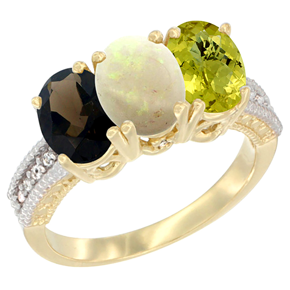 14K Yellow Gold Natural Smoky Topaz, Opal & Lemon Quartz Ring 3-Stone 7x5 mm Oval Diamond Accent, sizes 5 - 10
