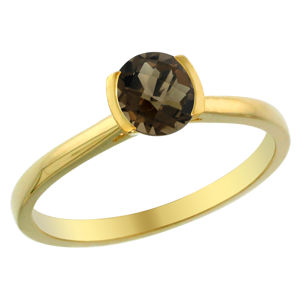 14K Yellow Gold Natural Smoky Topaz Solitaire Ring Round 5mm, sizes 5 - 10