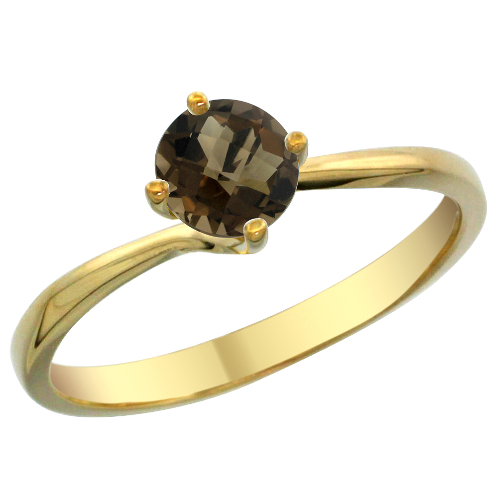 14K Yellow Gold Natural Smoky Topaz Solitaire Ring Round 6mm, sizes 5 - 10