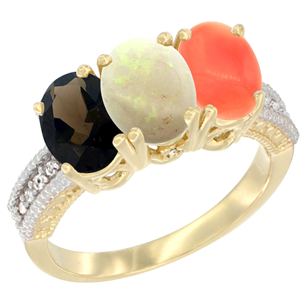 14K Yellow Gold Natural Smoky Topaz, Opal &amp; Coral Ring 3-Stone 7x5 mm Oval Diamond Accent, sizes 5 - 10