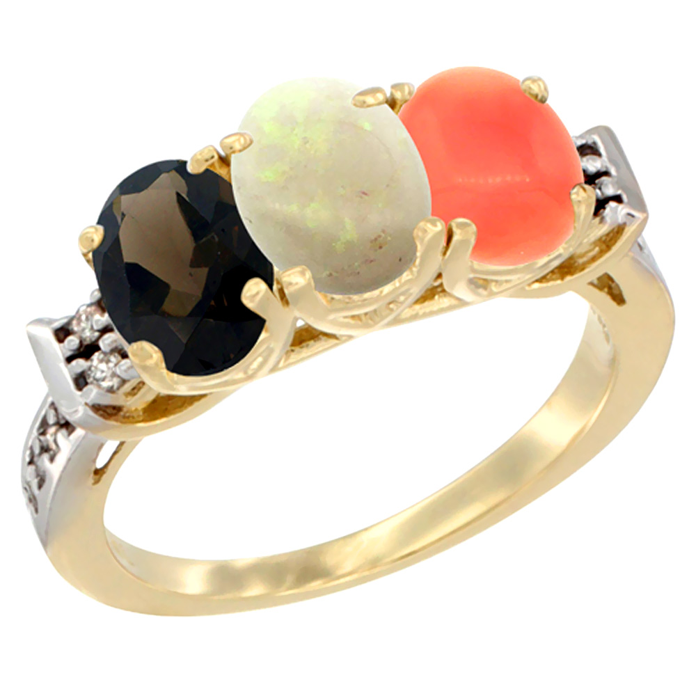 10K Yellow Gold Natural Smoky Topaz, Opal & Coral Ring 3-Stone Oval 7x5 mm Diamond Accent, sizes 5 - 10