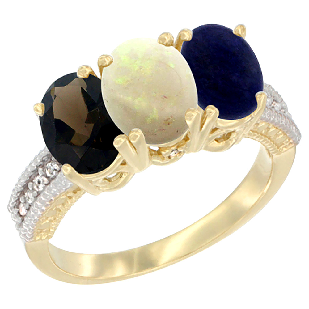 14K Yellow Gold Natural Smoky Topaz, Opal & Lapis Ring 3-Stone 7x5 mm Oval Diamond Accent, sizes 5 - 10
