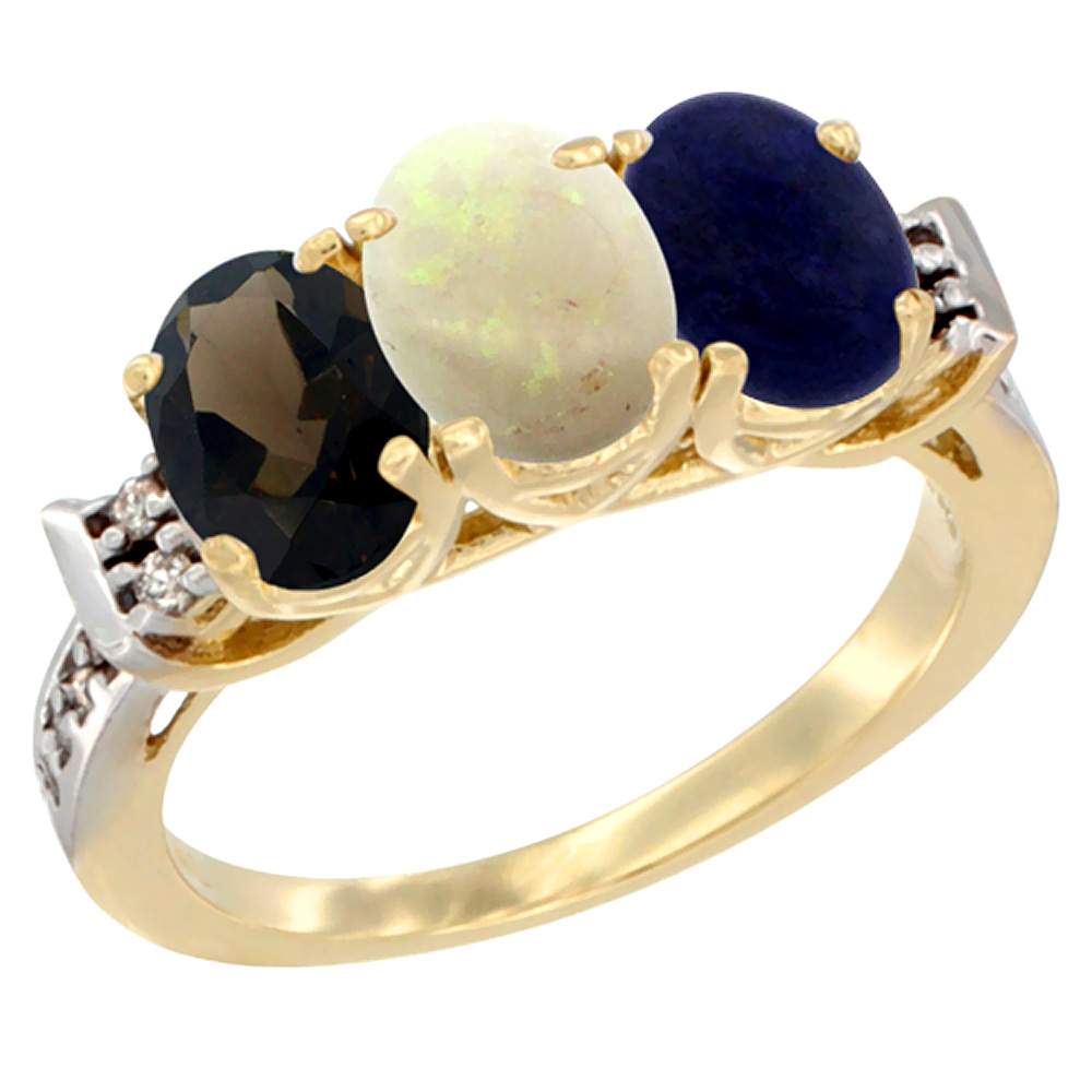 10K Yellow Gold Natural Smoky Topaz, Opal &amp; Lapis Ring 3-Stone Oval 7x5 mm Diamond Accent, sizes 5 - 10