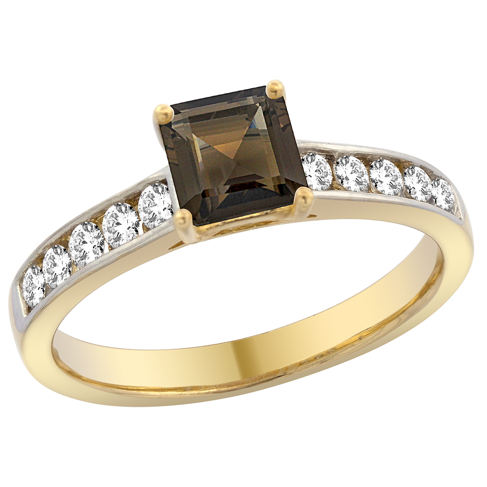 14K Yellow Gold Natural Smoky Topaz Engagement Ring Princess cut 5mm, sizes 5 - 10