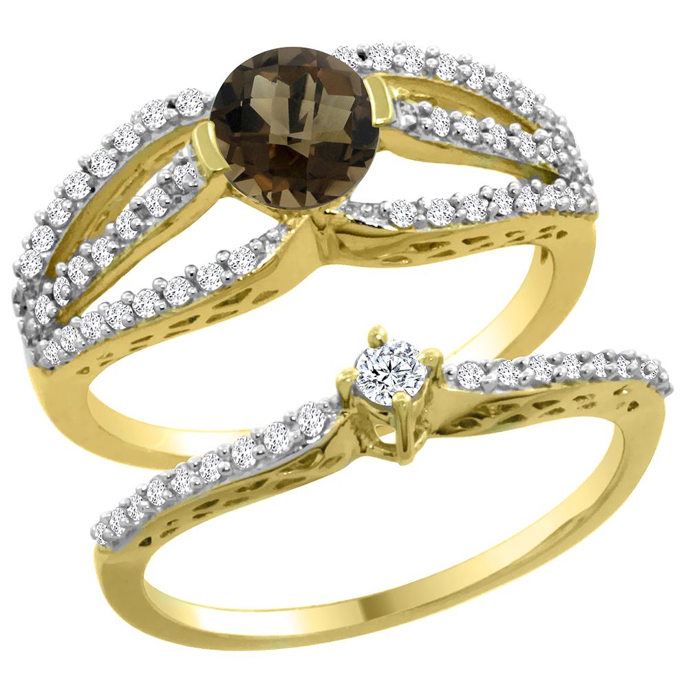 14K Yellow Gold Natural Smoky Topaz 2-piece Engagement Ring Set Round 5mm, sizes 5 - 10