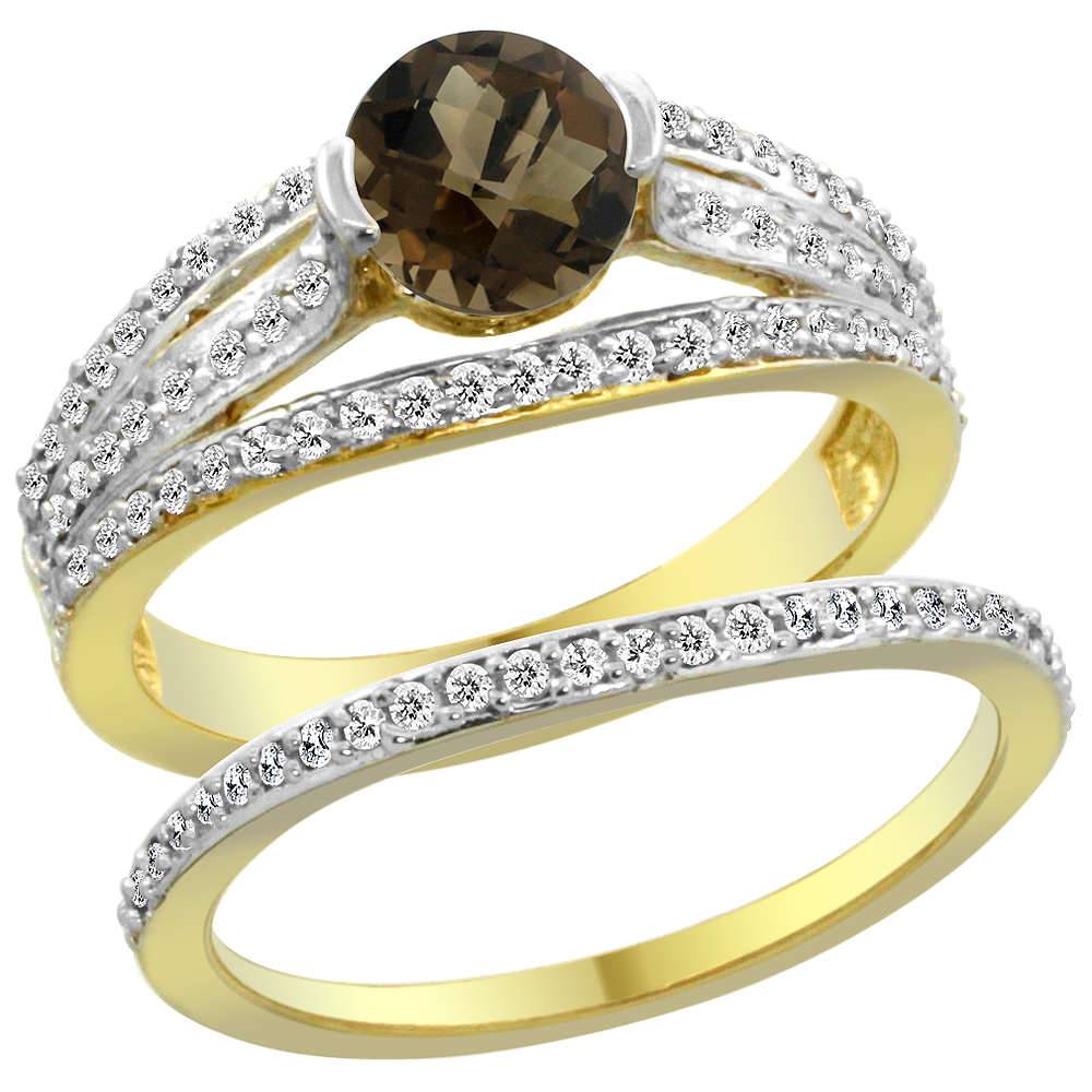 14K Yellow Gold Natural Smoky Topaz 2-piece Engagement Ring Set Round 6mm, sizes 5 - 10