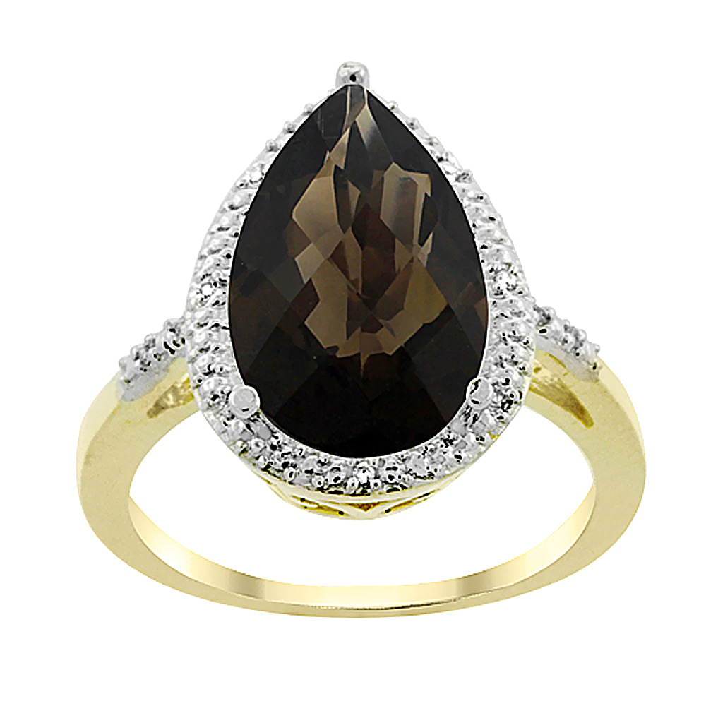 10K Yellow Gold Natural Smoky Topaz Ring Pear Shape 10x15 mm Diamond Accent, sizes 5 - 10