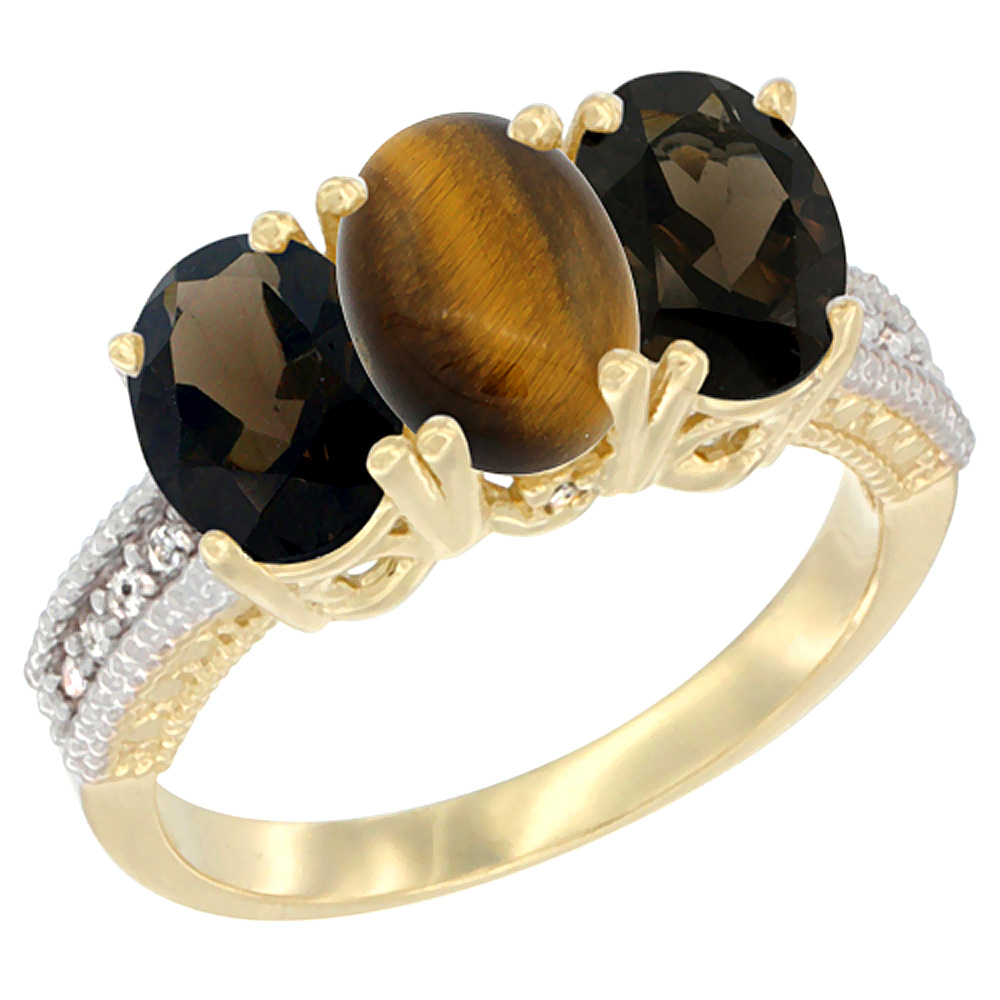 14K Yellow Gold Natural Tiger Eye &amp; Smoky Topaz Ring 3-Stone 7x5 mm Oval Diamond Accent, sizes 5 - 10