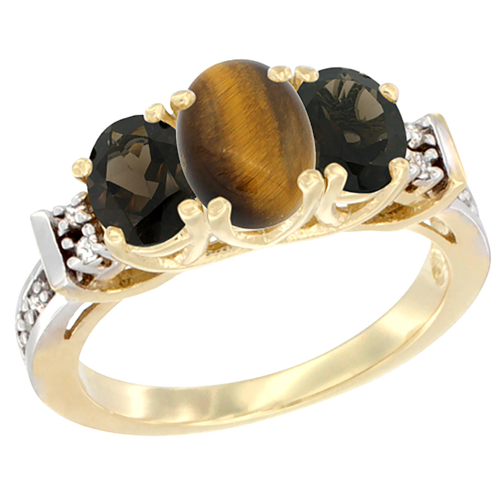 14K Yellow Gold Natural Tiger Eye & Smoky Topaz Ring 3-Stone Oval Diamond Accent