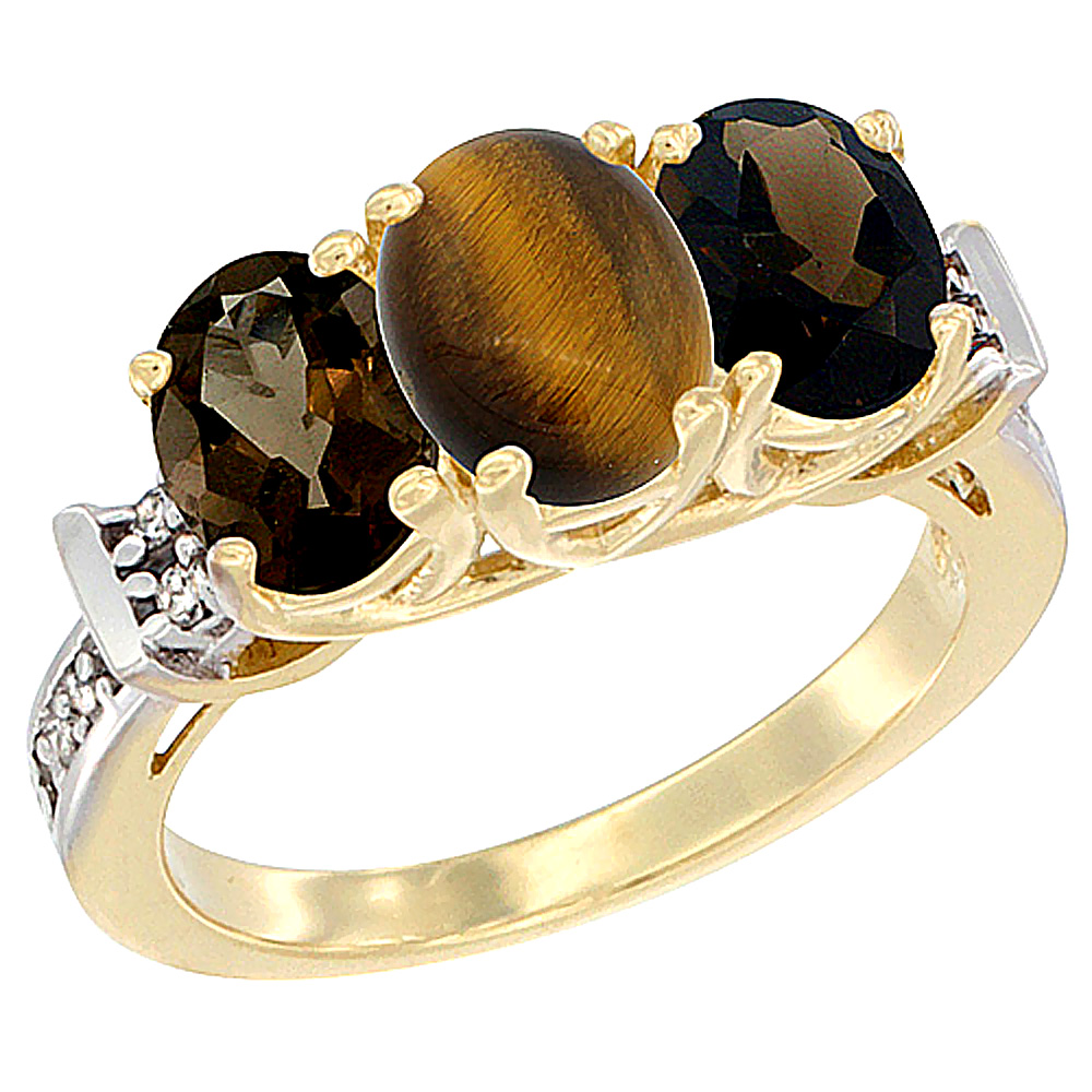 14K Yellow Gold Natural Tiger Eye &amp; Smoky Topaz Sides Ring 3-Stone Oval Diamond Accent, sizes 5 - 10