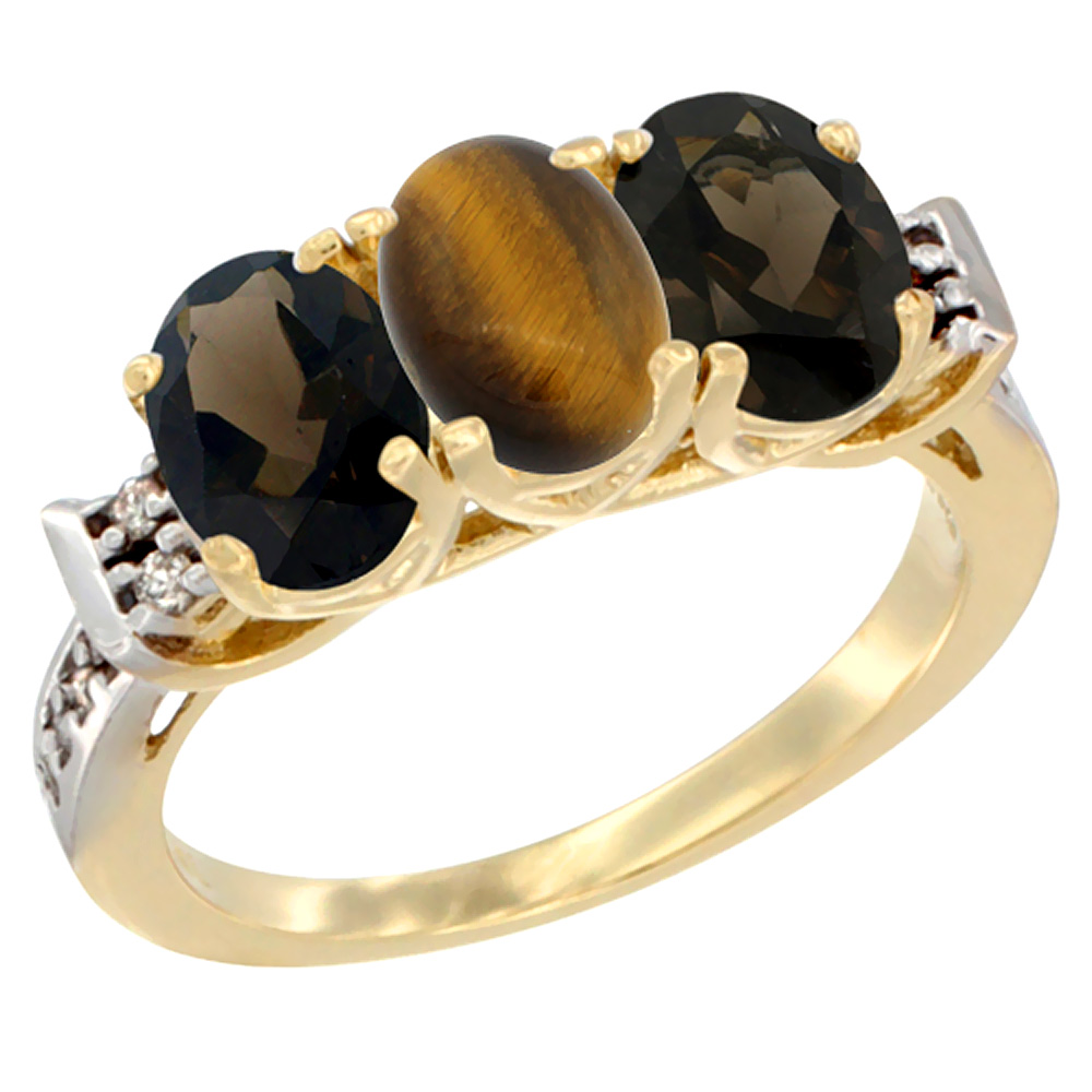 10K Yellow Gold Natural Tiger Eye & Smoky Topaz Sides Ring 3-Stone Oval 7x5 mm Diamond Accent, sizes 5 - 10