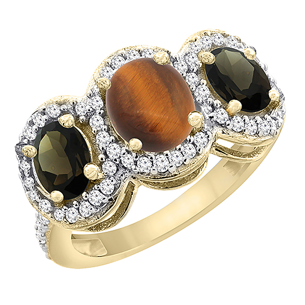 14K Yellow Gold Natural Tiger Eye & Smoky Topaz 3-Stone Ring Oval Diamond Accent, sizes 5 - 10