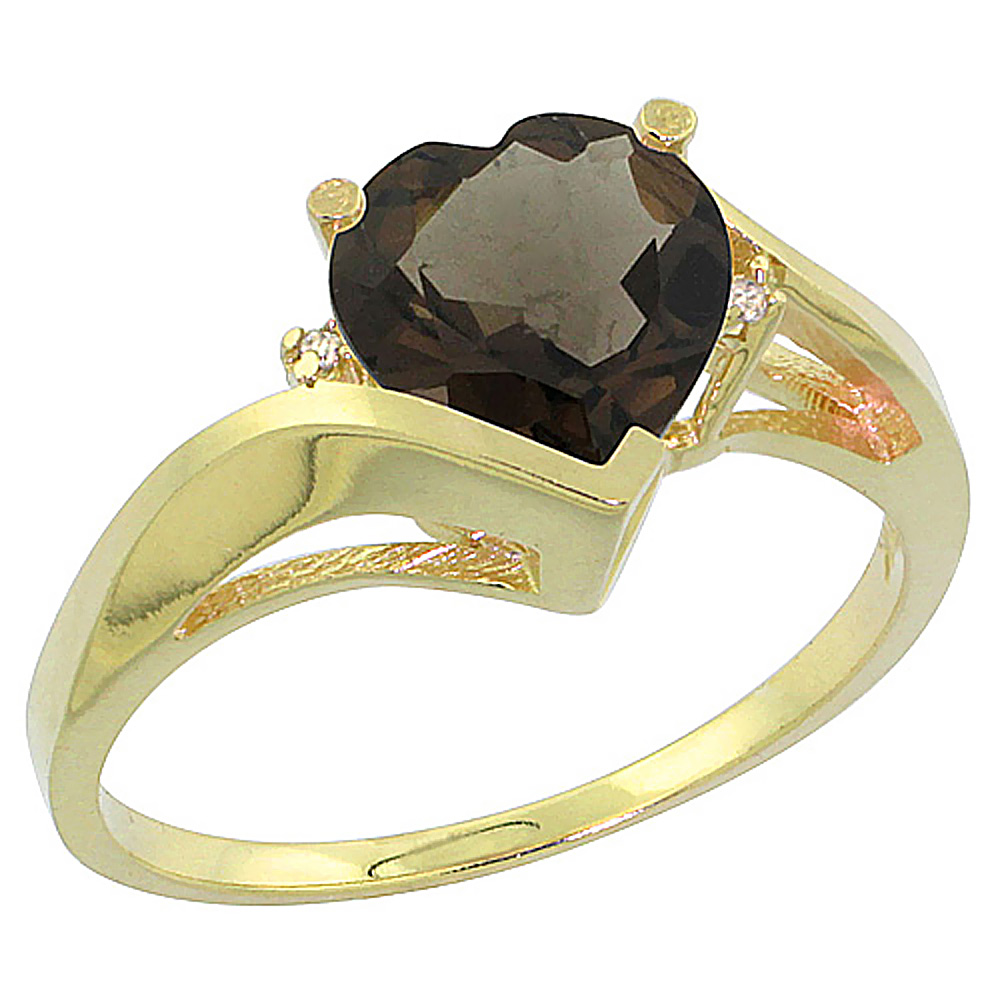 10K Yellow Gold Natural Smoky Topaz Heart Ring 7mm Diamond Accent, sizes 5 - 10