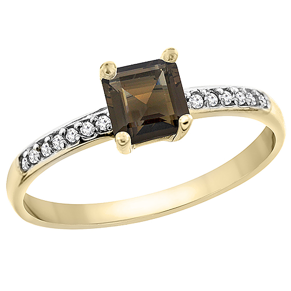 14K Yellow Gold Natural Smoky Topaz Ring Octagon 7x5 mm Diamond Accents
