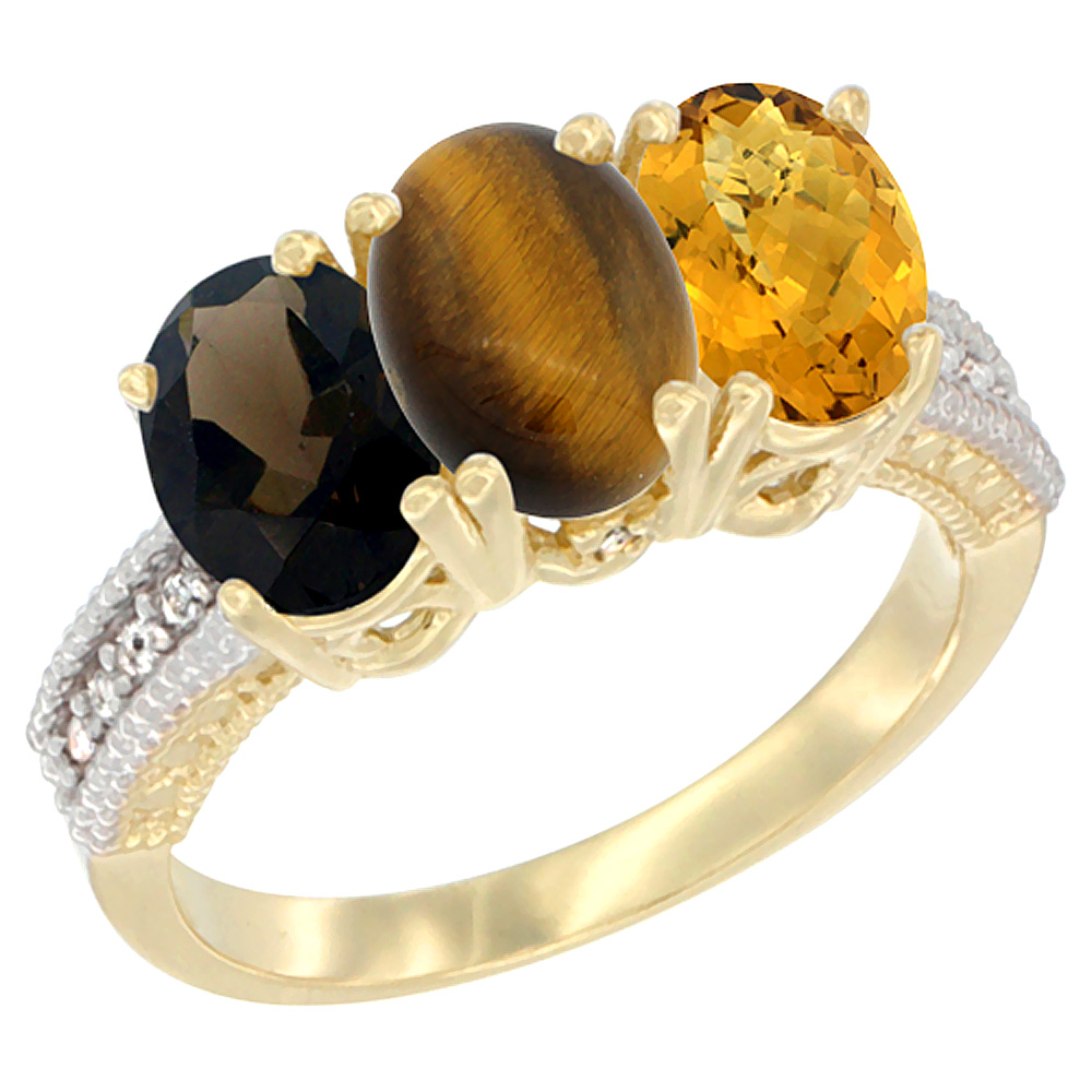 14K Yellow Gold Natural Smoky Topaz, Tiger Eye &amp; Whisky Quartz Ring 3-Stone 7x5 mm Oval Diamond Accent, sizes 5 - 10