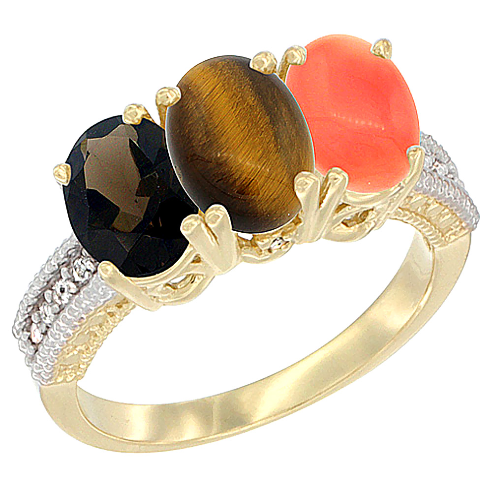 14K Yellow Gold Natural Smoky Topaz, Tiger Eye &amp; Coral Ring 3-Stone 7x5 mm Oval Diamond Accent, sizes 5 - 10