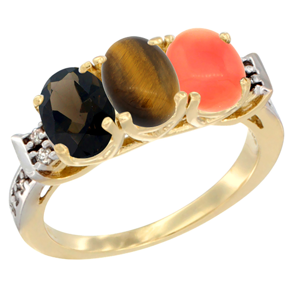10K Yellow Gold Natural Smoky Topaz, Tiger Eye &amp; Coral Ring 3-Stone Oval 7x5 mm Diamond Accent, sizes 5 - 10