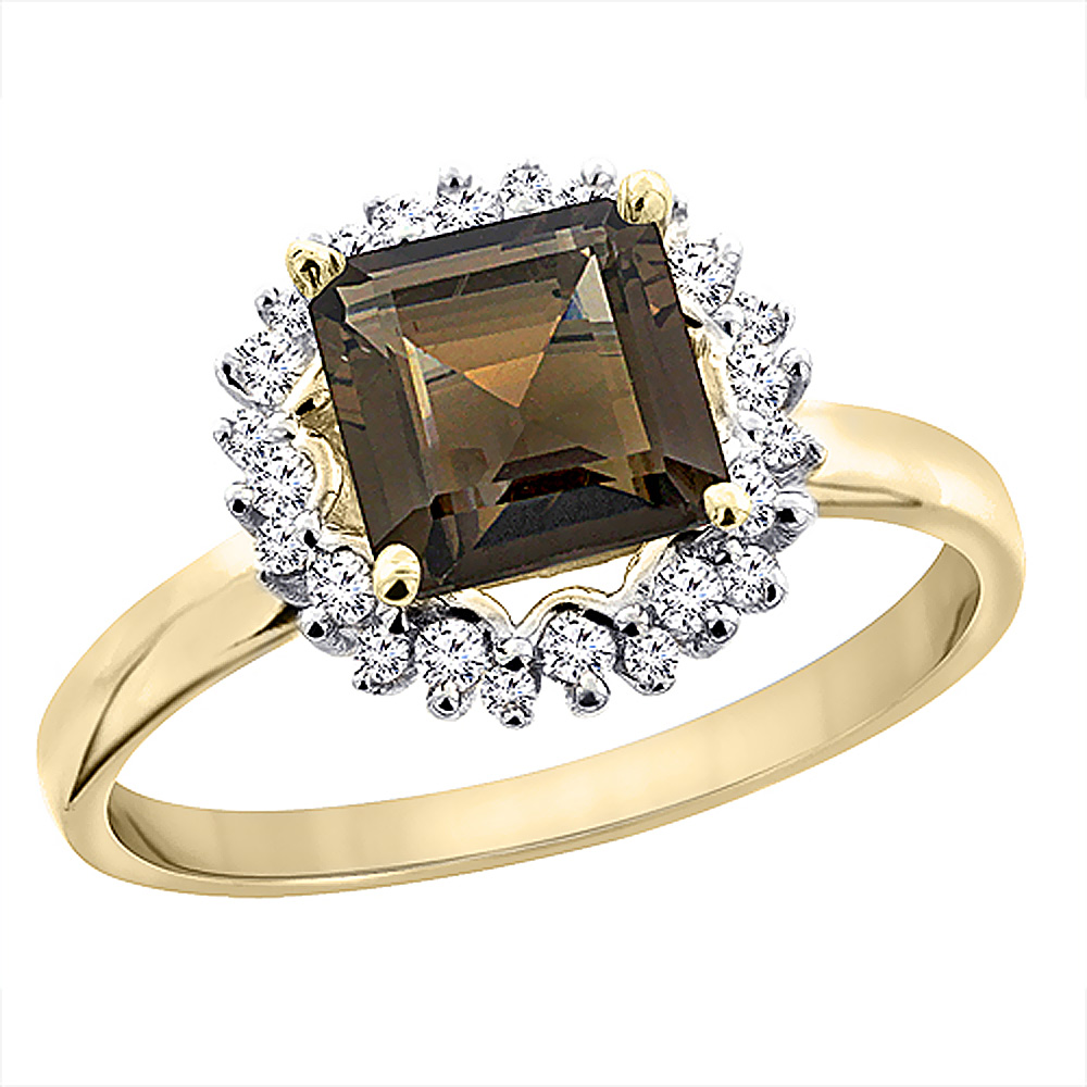 14K Yellow Gold Natural Smoky Topaz Ring Square 6x6 mm Diamond Accents, sizes 5 - 10