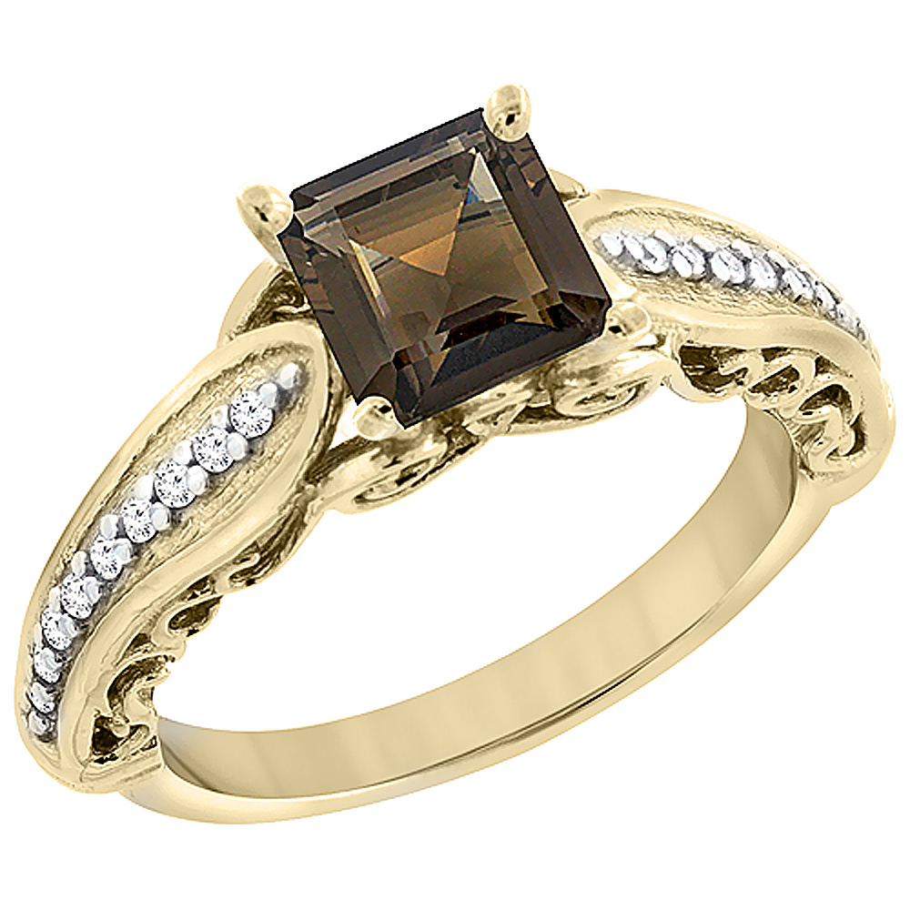 14K Yellow Gold Natural Smoky Topaz Ring Square 8x8mm with Diamond Accents, sizes 5 - 10