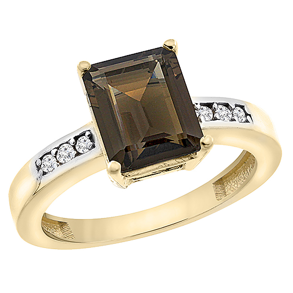 10K Yellow Gold Natural Smoky Topaz Octagon 9x7 mm with Diamond Accents, sizes 5 - 10