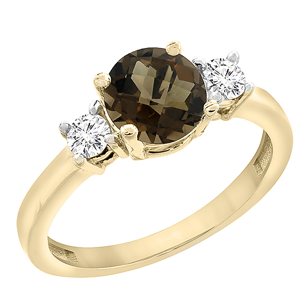 10K Yellow Gold Diamond Natural Smoky Topaz Engagement Ring Round 7mm, sizes 5 to 10 with half sizes