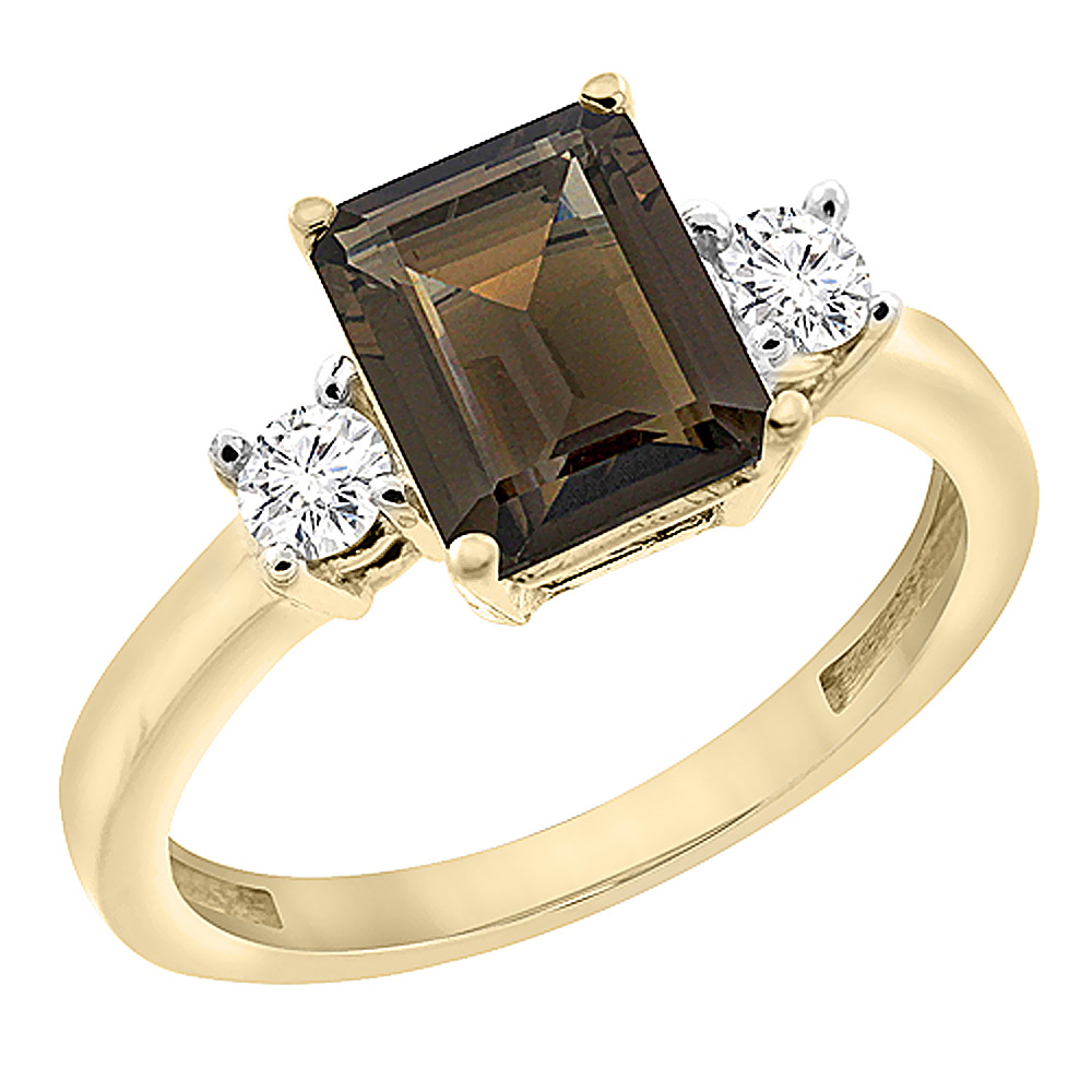 10K Yellow Gold Natural Smoky Topaz Ring Octagon 8x6 mm with Diamond Accents, sizes 5 - 10
