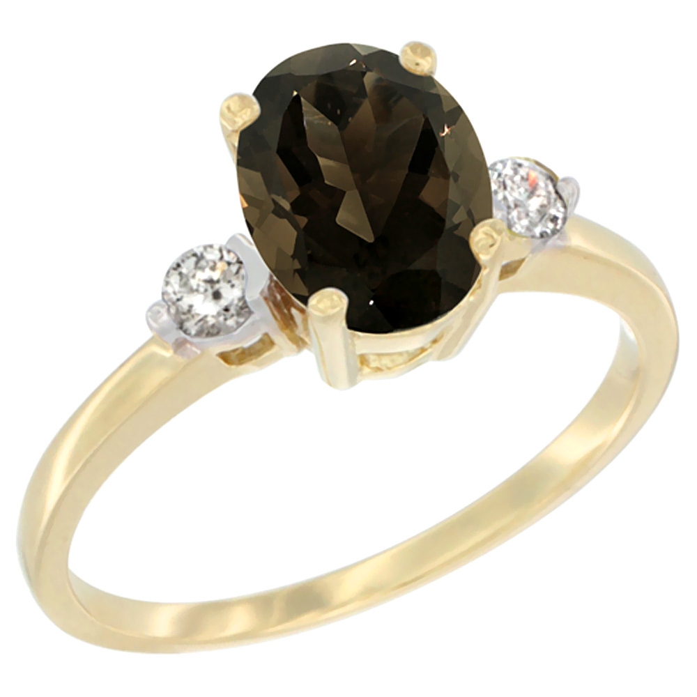 14K Yellow Gold Natural Smoky Topaz Ring Oval 9x7 mm Diamond Accent, sizes 5 to 10