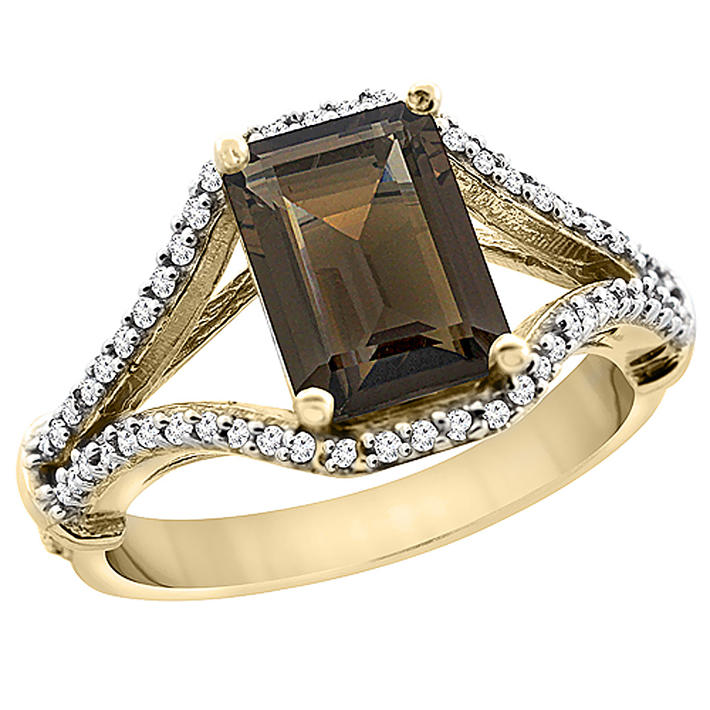 14K Yellow Gold Natural Smoky Topaz Ring Octagon 8x6 mm with Diamond Accents, sizes 5 - 10