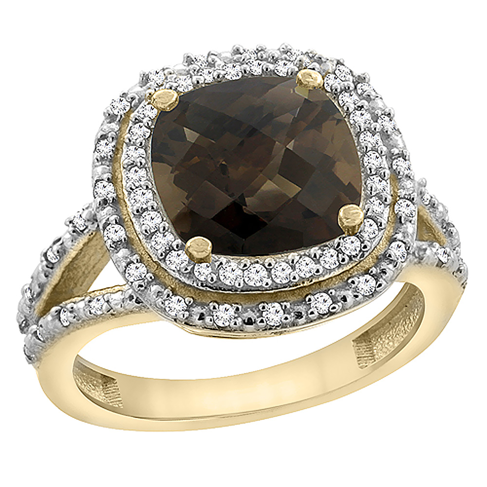 14K Yellow Gold Natural Smoky Topaz Ring Cushion 8x8 mm with Diamond Accents, sizes 5 - 10