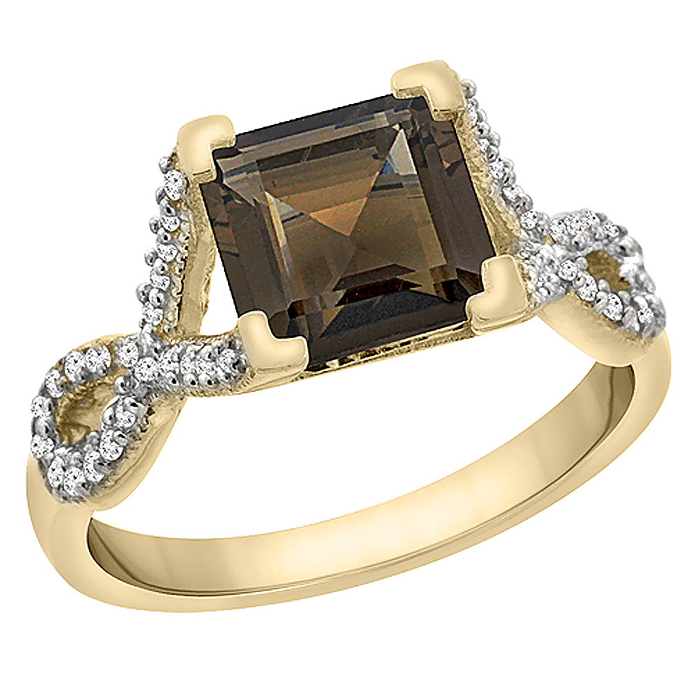 10K Yellow Gold Natural Smoky Topaz Ring Square 7x7 mm Diamond Accents, sizes 5 to 10