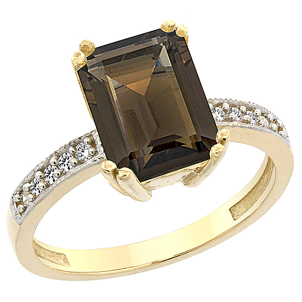 10K Yellow Gold Natural Smoky Topaz Ring Octagon 10x8mm Diamond Accent, sizes 5 to 10