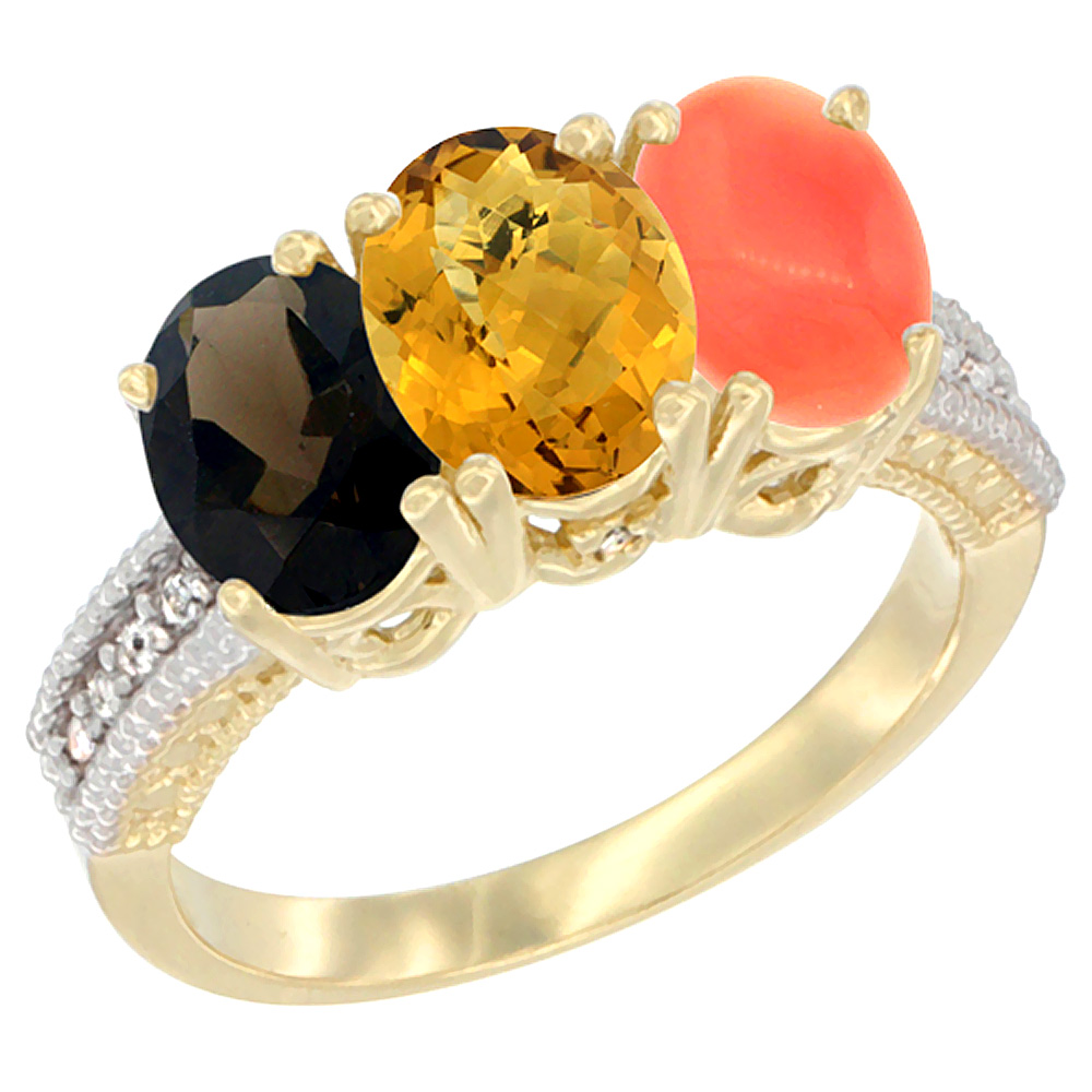 14K Yellow Gold Natural Smoky Topaz, Whisky Quartz & Coral Ring 3-Stone 7x5 mm Oval Diamond Accent, sizes 5 - 10