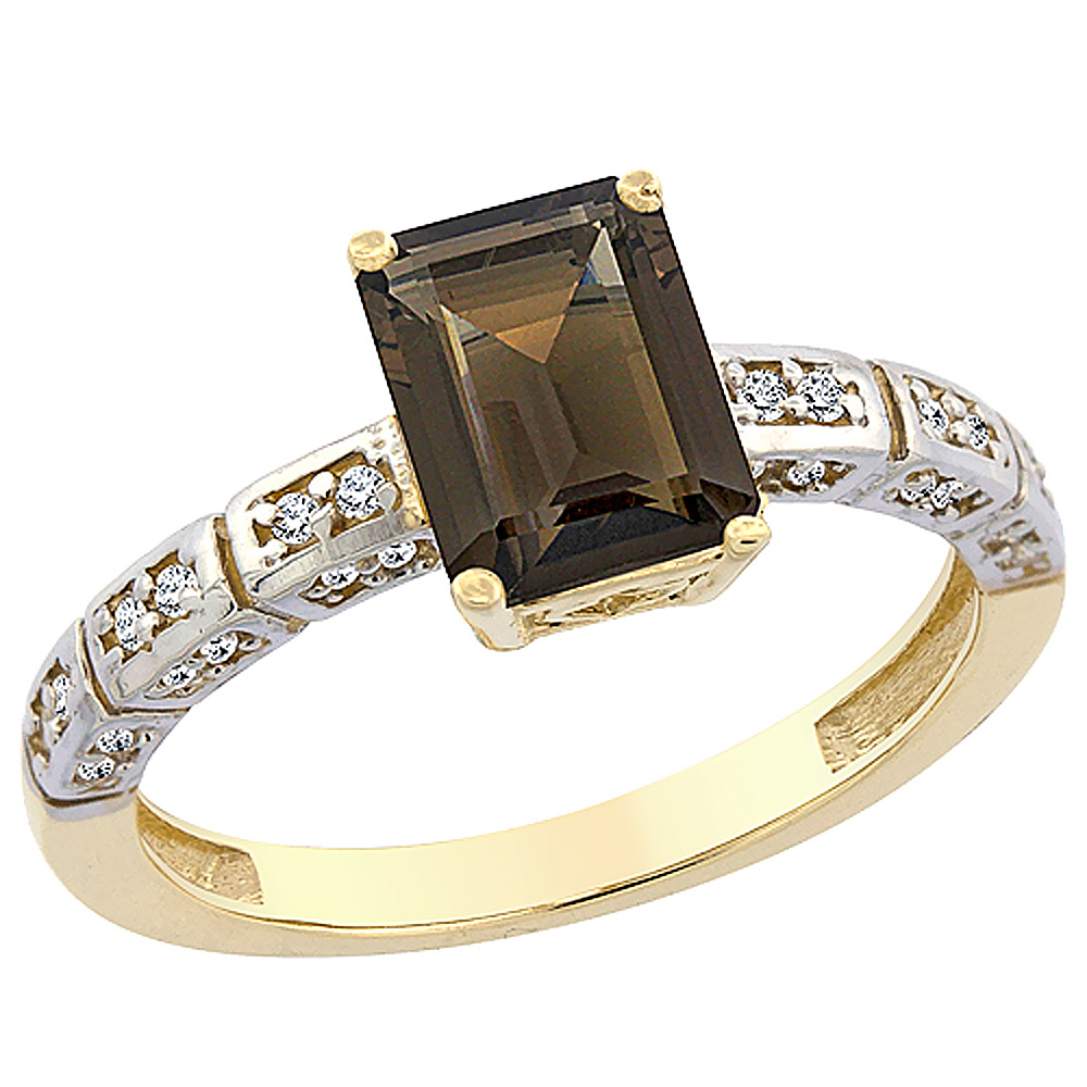 14K Yellow Gold Natural Smoky Topaz Octagon 8x6 mm with Diamond Accents, sizes 5 - 10