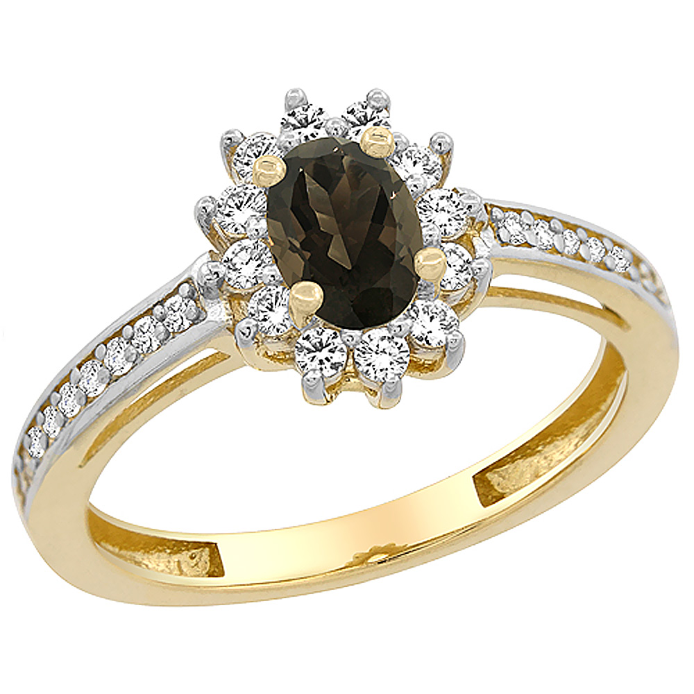 10K Yellow Gold Natural Smoky Topaz Flower Halo Ring Oval 6x4 mm Diamond Accents, sizes 5 - 10
