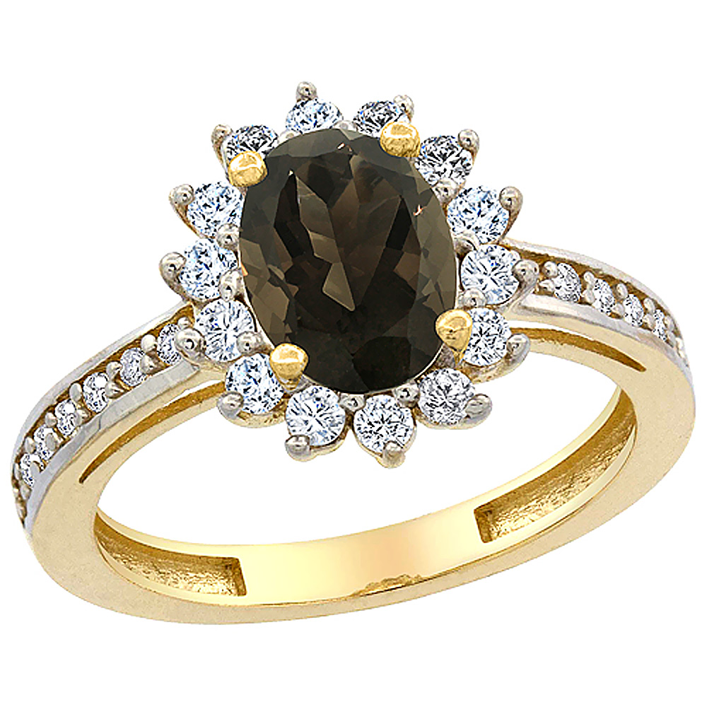 14K Yellow Gold Natural Smoky Topaz Floral Halo Ring Oval 8x6mm Diamond Accents, sizes 5 - 10