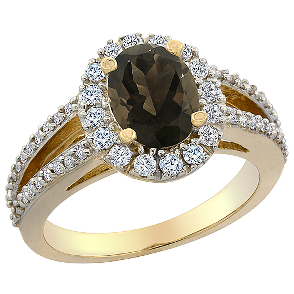 10K Yellow Gold Natural Smoky Topaz Halo Ring Oval 8x6 mm with Diamond Accents, sizes 5 - 10