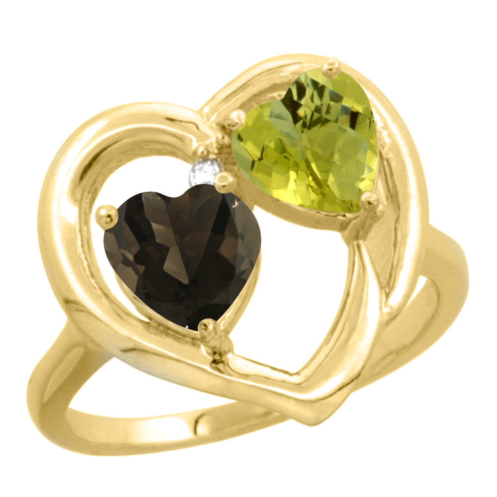 10K Yellow Gold Diamond Two-stone Heart Ring 6mm Natural Smoky Topaz &amp; Lemon Quartz, sizes 5-10