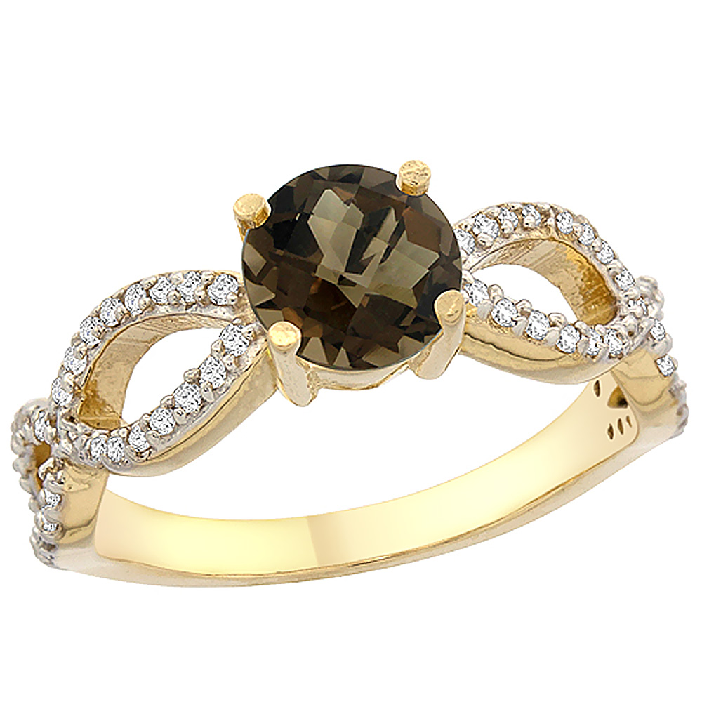 14K Yellow Gold Natural Smoky Topaz Ring Round 6mm Infinity Diamond Accents, sizes 5 - 10