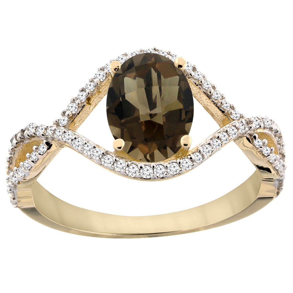 14K Yellow Gold Natural Smoky Topaz Ring Oval 8x6 mm Infinity Diamond Accents, sizes 5 - 10