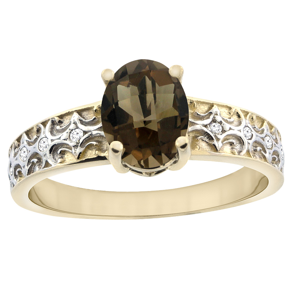 10K Yellow Gold Natural Smoky Topaz Ring Oval 8x6 mm Diamond Accents, sizes 5 - 10