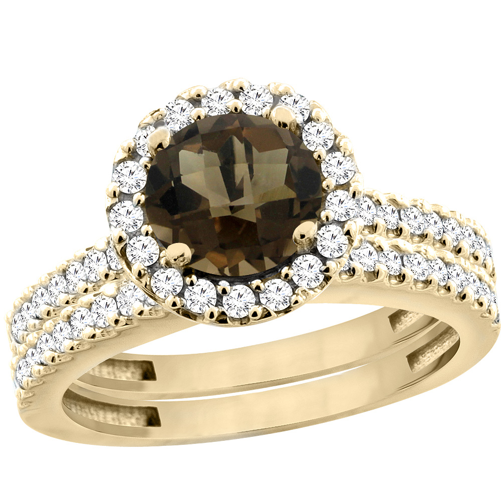 10K Yellow Gold Natural Smoky Topaz Round 6mm 2-Piece Engagement Ring Set Floating Halo Diamond, sizes 5 - 10