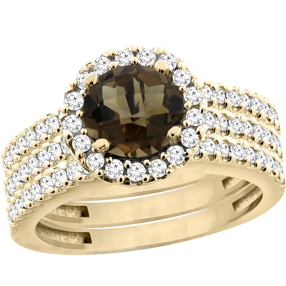 10K Yellow Gold Natural Smoky Topaz 3-Piece Bridal Ring Set Round 6mm Halo Diamond, sizes 5 - 10