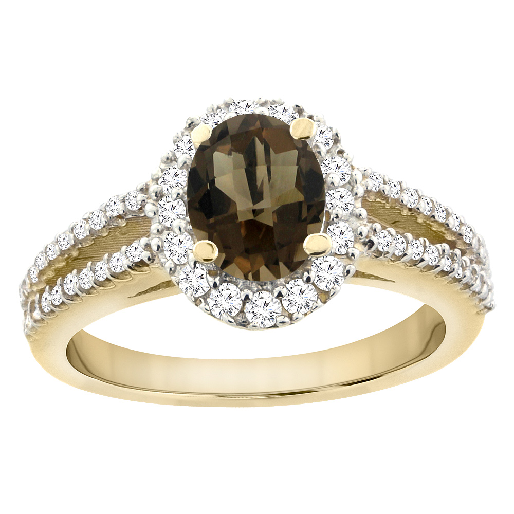 10K Yellow Gold Natural Smoky Topaz Split Shank Halo Engagement Ring Oval 7x5 mm, sizes 5 - 10